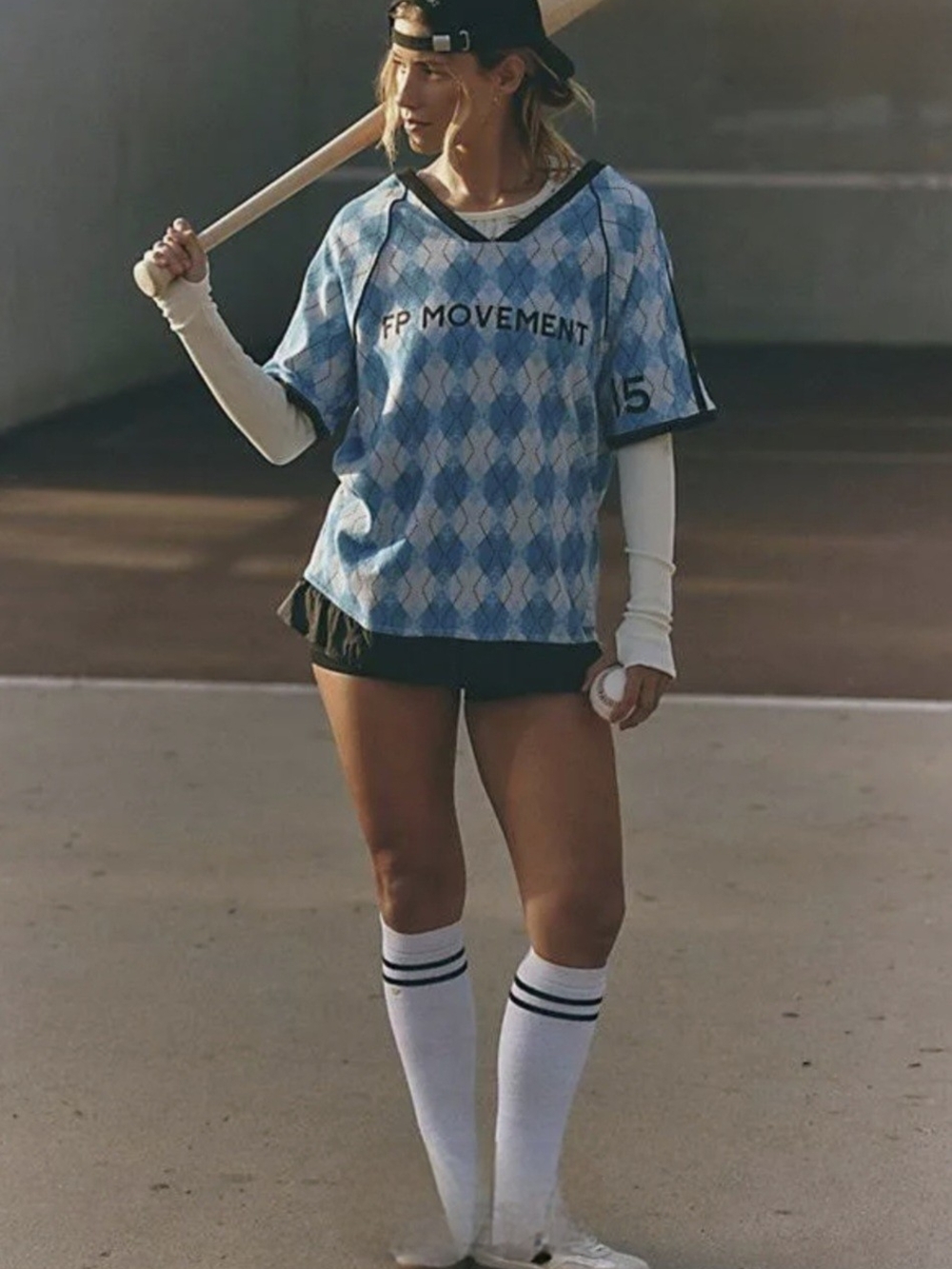 NWT FP Movement by Free People Blue Argyle Baseball Tee